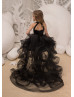 Black Satin Tulle High-low Flower Girl Dress With Beaded Sash